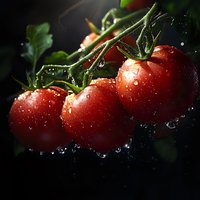 Fresh red cherry tomatoes on vine with water drops against dark background, dramatic lighting creates appetizing mood for food photography and advertising.