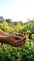 Farmer's hands holding young green seedling plant with soil in blooming flower field during sunny day, symbolizing growth, sustainability, and environmental care.