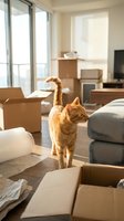 Curious ginger tabby cat exploring a sunlit living room filled with cardboard boxes and bubble wrap on moving day.