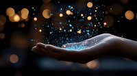 Magical glowing blue butterflies and golden bokeh lights floating above open palm in dark background, creating ethereal atmosphere for spiritual and wellness designs.