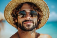 Young Hispanic man with beard wearing straw hat and sunglasses smiling at beach, turquoise ocean background, summer vacation lifestyle portrait.