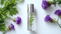 Glass bottle with green herbs inside clear liquid surrounded by fresh purple flowers and parsley leaves on white background, natural cosmetics and aromatherapy concept.