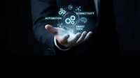 Businessman hand holding glowing digital interface with automation, connectivity, and smart technology icons for business innovation and digital transformation solutions.