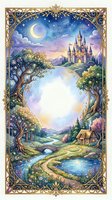 Enchanted fairy tale landscape with castle, cottage and magical tree in ornate golden frame. Fantasy storybook scene with crescent moon and starry twilight sky.
