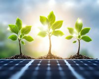 Young green sprouts growing from soil on solar panel surface in bright sunlight, symbolizing renewable energy and sustainable development concept.
