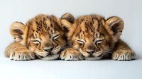 Two sleepy lion cubs lying together with paws crossed, showing spotted fur pattern and sweet expressions against white background. Suitable for wildlife and nature designs.