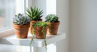 Collection of small succulent plants in terracotta pots arranged on white windowsill creating natural home decor display for indoor gardening enthusiasts.
