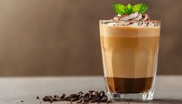 Layered coffee drink with whipped cream and mint garnish in glass, surrounded by scattered coffee beans on wooden surface. Creamy beverage for cafe menu photography.