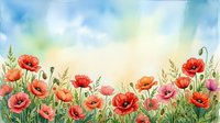 Watercolor poppy field with red and pink flowers against soft blue sky background, botanical floral meadow painting for spring and summer designs.