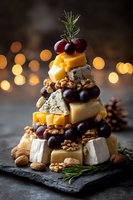 Gourmet cheese tower with grapes, walnuts and rosemary on slate board with warm bokeh lights for holiday entertaining and appetizer presentations.