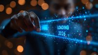 Futuristic finger touching glowing blue loading bar showing year 2026 with magical light particles and bokeh effect on dark background. Digital concept.
