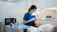 Young Asian female aesthetician in blue scrubs performs facial treatment on relaxed female client in modern beauty clinic under magnifying lamp.