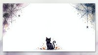Black cat sitting among autumn leaves and sparkles with spider web corners on white background, isolated design element for Halloween decorations, greeting cards, and seasonal crafts.