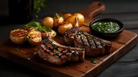 Grilled ribeye steaks with bone served on wooden board with roasted potatoes and fresh herb sauce, dark moody food photography with dramatic lighting.