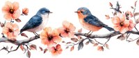 Watercolor birds sitting on blooming cherry branch with coral pink flowers and gray twigs, artistic nature composition on white background.