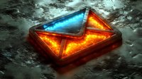 Glowing envelope icon with fiery orange and blue neon effects against dark stormy background, dramatic lighting creates mysterious atmosphere for communication concept.