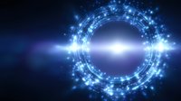 Glowing blue circular portal with sparkles and light effects on dark background, futuristic energy ring with lens flare and magical particles.