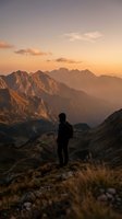 Silhouette of male hiker with backpack standing on mountain peak during golden hour sunset overlooking dramatic alpine landscape with layered ridges.