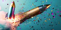 Colorful pencil rockets soaring through turquoise sky with explosive confetti burst and dynamic motion effect. Creative education and inspiration concept.
