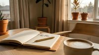 Open journal with hello written inside, pen resting on pages, coffee cup and potted plants on wooden table in cozy morning light.