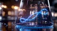 Glowing blue arrow chart rising in wine glass with bokeh background, representing financial growth and success in luxury business environment.