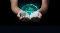 Hands holding glowing digital brain hologram with neural network connections for artificial intelligence and technology concepts.