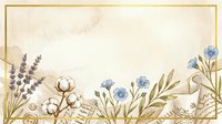 Vintage botanical watercolor background with lavender, cotton flowers, and blue blooms on aged beige paper with golden frame border.