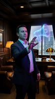 Professional businessman in dark suit holding holographic megaphone in luxury office with city view, representing digital marketing and business communication.