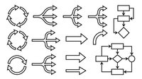 Business process workflow diagram with arrows, flowchart symbols, decision points and circular refresh icons for project management presentations.