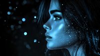 Young woman profile in blue neon light with digital particle effects and glowing dots against dark background, representing technology and artificial intelligence.