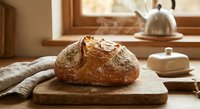 Freshly baked artisan sourdough bread loaf on wooden cutting board in warm sunlit kitchen setting for homemade bakery and cooking concepts.