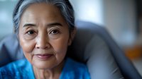 Senior Asian woman with gentle smile and gray hair looking at camera, natural lighting creates soft portrait atmosphere for aging and wellness concepts.