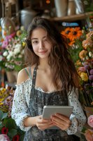 Young Asian female florist in denim apron and white blouse using digital tablet while working in flower shop surrounded by colorful spring blooms and arrangements.