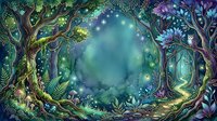 Enchanted forest clearing with glowing trees, magical lights, and mystical atmosphere, surrounded by lush foliage and ferns for fantasy and storybook illustrations.