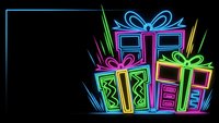 Colorful neon gift boxes with ribbons and bows glowing against black background for holiday celebrations, birthdays, Christmas and special occasions.