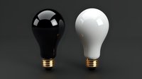 Black and white light bulbs with brass bases on dark background, symbolizing contrast, innovation and creative concepts. Minimalist composition for business designs.