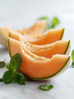 Fresh cantaloupe melon slices arranged with mint leaves on light background, showcasing juicy orange flesh and green rind for summer refreshment.