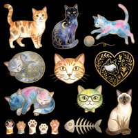 Assorted cat illustrations in various artistic styles, isolated on transparent background. Includes tabby, black, colorful, and decorative feline designs with paw prints and fish skeleton. Ready for t-shirts, stickers, clipart, sublimation and print-on-demand projects.