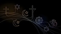 Religious symbols flowing on elegant waves including cross, star of david, crescent moon, dharma wheel and om sign representing interfaith unity and diversity.