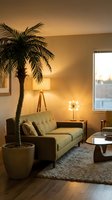 Cozy living room interior with warm golden lighting, green upholstered sofa, potted palm plant, tripod floor lamp, and modern furniture arrangement. Suitable for home decor, interior design, and lifestyle publications.