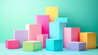 Colorful geometric cubes and rectangles arranged in abstract composition on mint green background, pastel colored blocks creating modern minimal display platform.