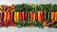 Fresh colorful chili peppers and herbs arranged in rows on gray background, including jalapenos, habaneros, cayenne, bell peppers and parsley for cooking and food design.