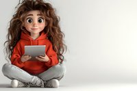 Young girl with curly brown hair wearing red hoodie sits cross-legged while using digital tablet, cartoon style character on light background.