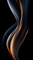 Abstract flowing curves in metallic navy blue and copper orange create dynamic movement against black background, with glowing light effects and smooth gradients.