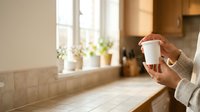 Woman in beige sweater holding white disposable cup in modern kitchen with natural light from window and potted plants on sill.