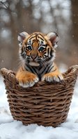 Adorable tiger cub sitting in woven basket during winter snowfall with soft bokeh background, paws hanging over edge, showing bright blue eyes and striped markings.