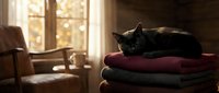 Black cat resting on stacked folded blankets near window with warm sunlight, cozy home interior setting for relaxation and comfort themes.