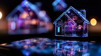Glowing glass house models illuminated with neon blue and pink lights against dark background with bokeh effect, reflecting on glossy surface. Modern real estate concept.