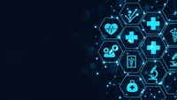 Digital healthcare technology background with glowing hexagonal medical icons and network connections on dark blue gradient for modern medicine presentations.