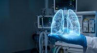 Medical professional holding holographic lung anatomy model in modern hospital intensive care unit for respiratory health education and diagnosis.